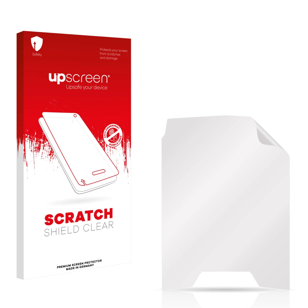Parte frontale di una confezione del prodotto con il logo del marchio upscreen. Accanto si trova la protezione per lo schermo