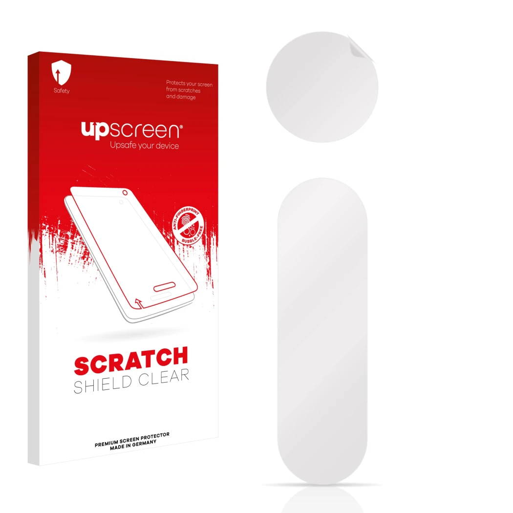 Parte frontale di una confezione del prodotto con il logo del marchio upscreen. Accanto si trova la protezione per lo schermo