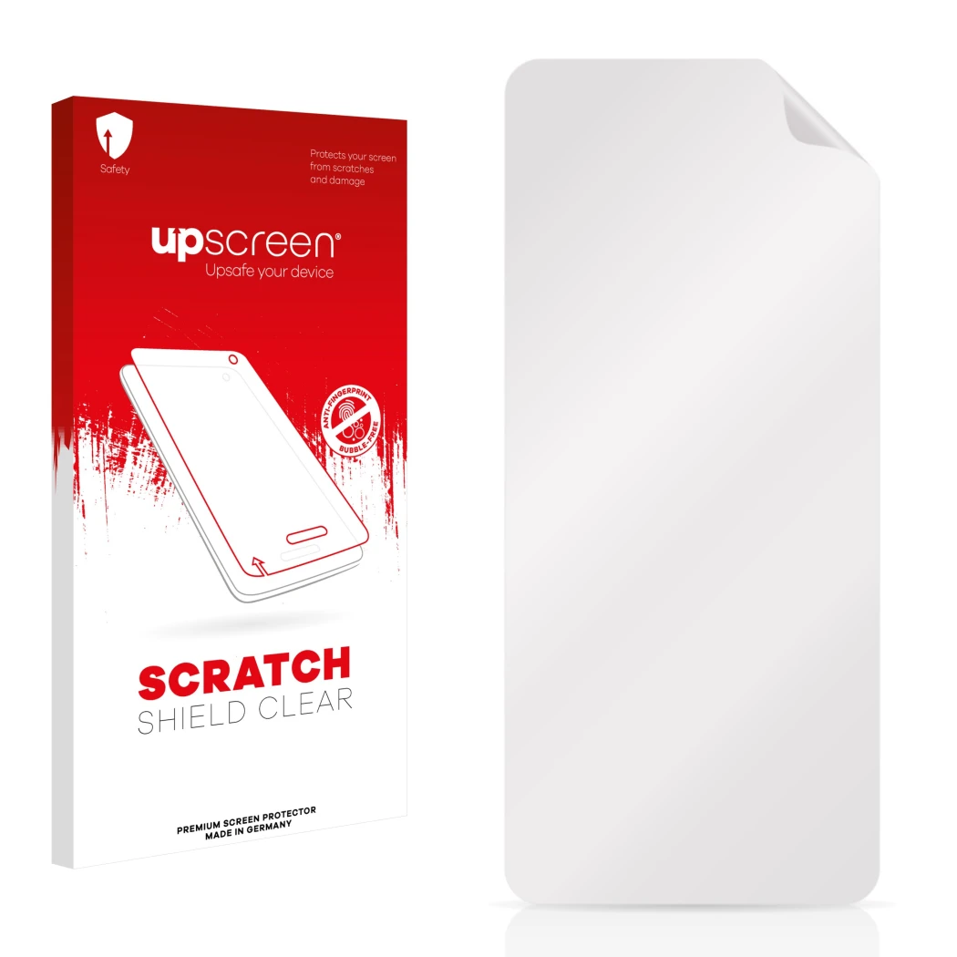 Parte frontale di una confezione del prodotto con il logo del marchio upscreen. Accanto si trova la protezione per lo schermo 