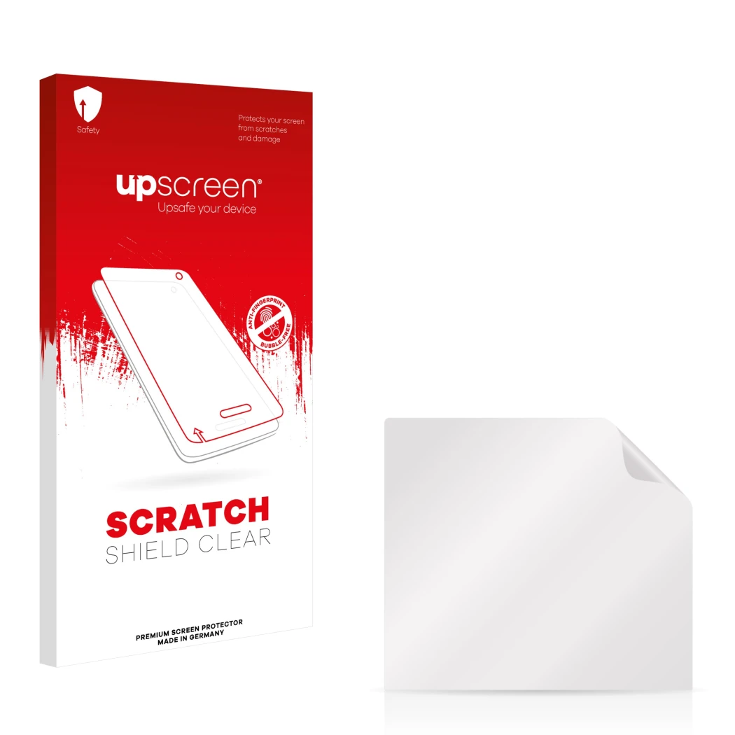 Parte frontale di una confezione del prodotto con il logo del marchio upscreen. Accanto si trova la protezione per lo schermo