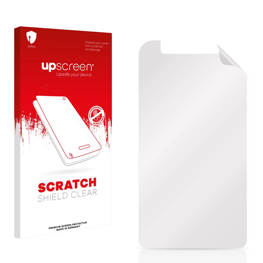 Parte frontale di una confezione del prodotto con il logo del marchio upscreen. Accanto si trova la protezione per lo schermo