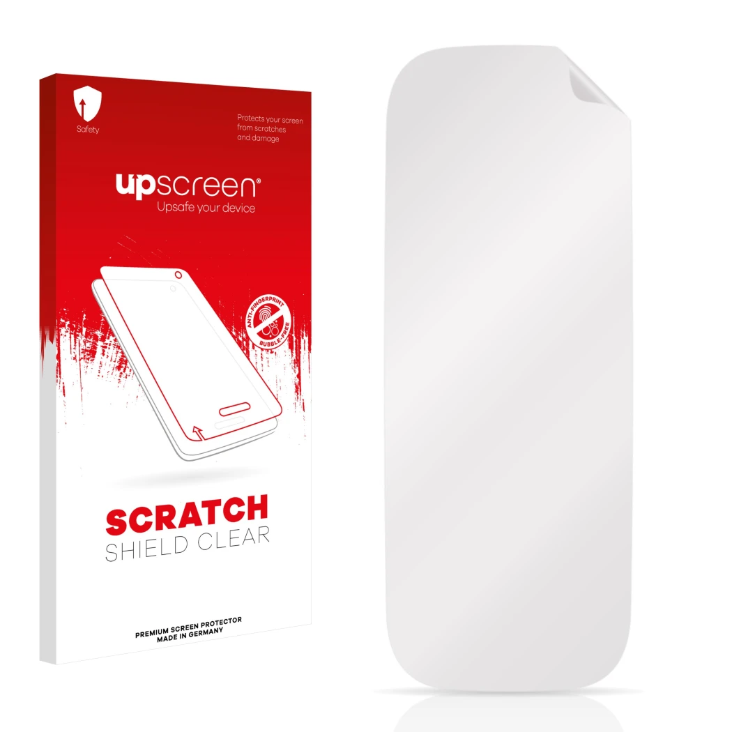 Parte frontale di una confezione del prodotto con il logo del marchio upscreen. Accanto si trova la protezione per lo schermo