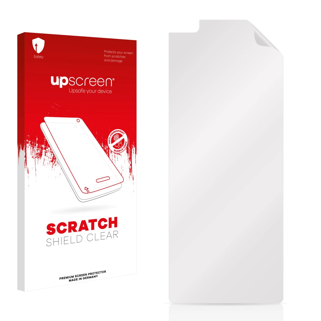 Parte frontale di una confezione del prodotto con il logo del marchio upscreen. Accanto si trova la protezione per lo schermo
