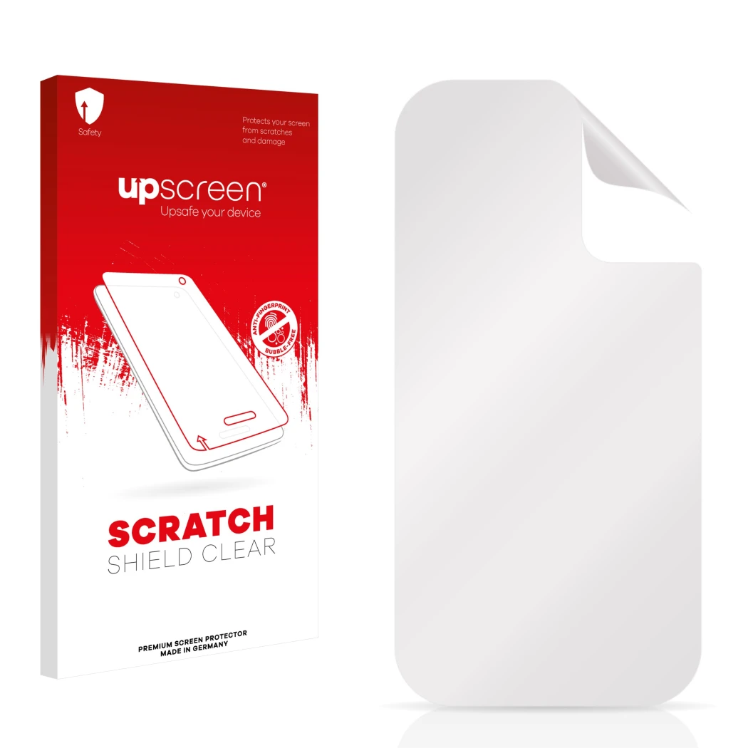 Parte frontale di una confezione del prodotto con il logo del marchio upscreen. Accanto si trova la protezione per lo schermo