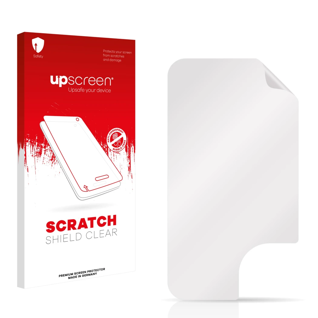 Parte frontale di una confezione del prodotto con il logo del marchio upscreen. Accanto si trova la protezione per lo schermo