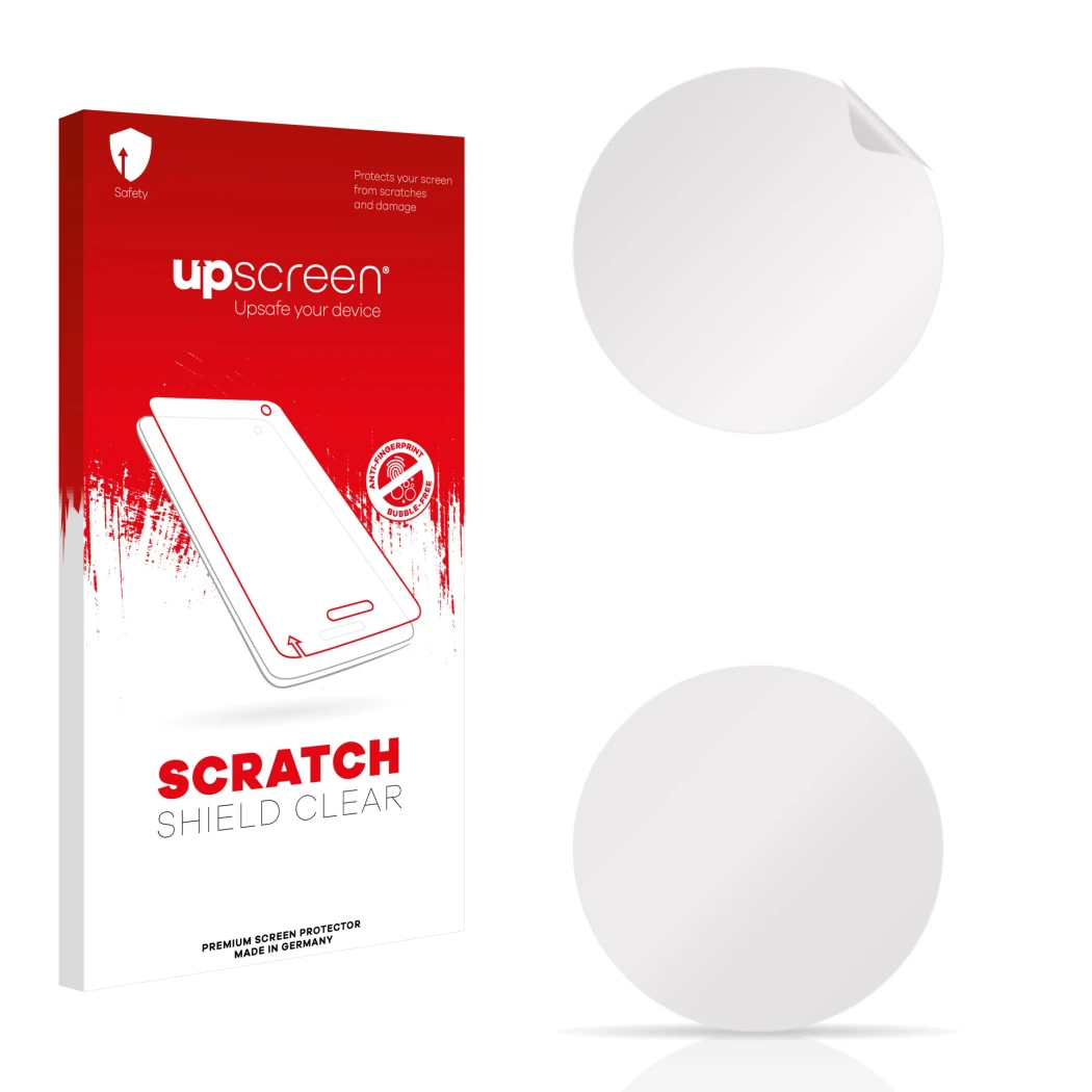 Parte frontale di una confezione del prodotto con il logo del marchio upscreen. Accanto si trova la protezione per lo schermo 