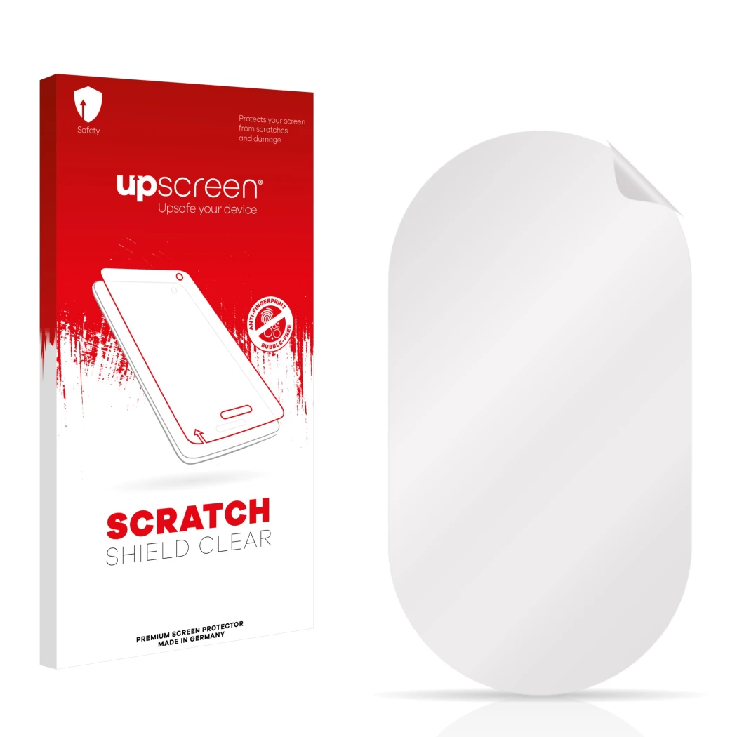 Parte frontale di una confezione del prodotto con il logo del marchio upscreen. Accanto si trova la protezione per lo schermo