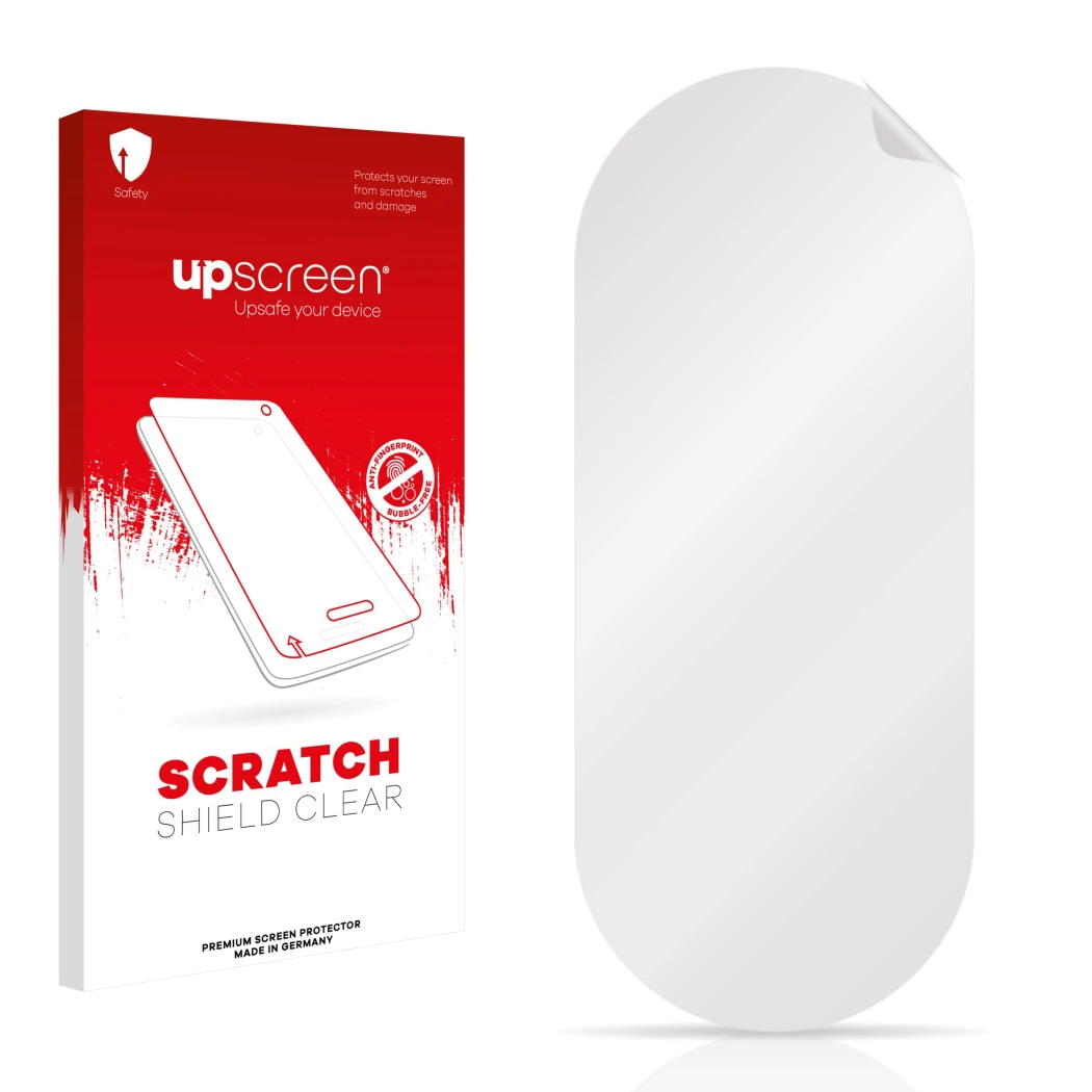 Parte frontale di una confezione del prodotto con il logo del marchio upscreen. Accanto si trova la protezione per lo schermo 