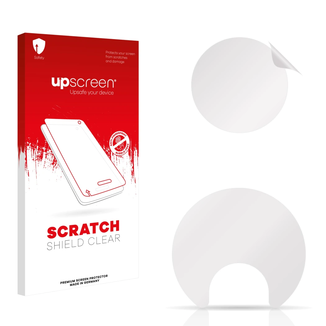 Parte frontale di una confezione del prodotto con il logo del marchio upscreen. Accanto si trova la protezione per lo schermo