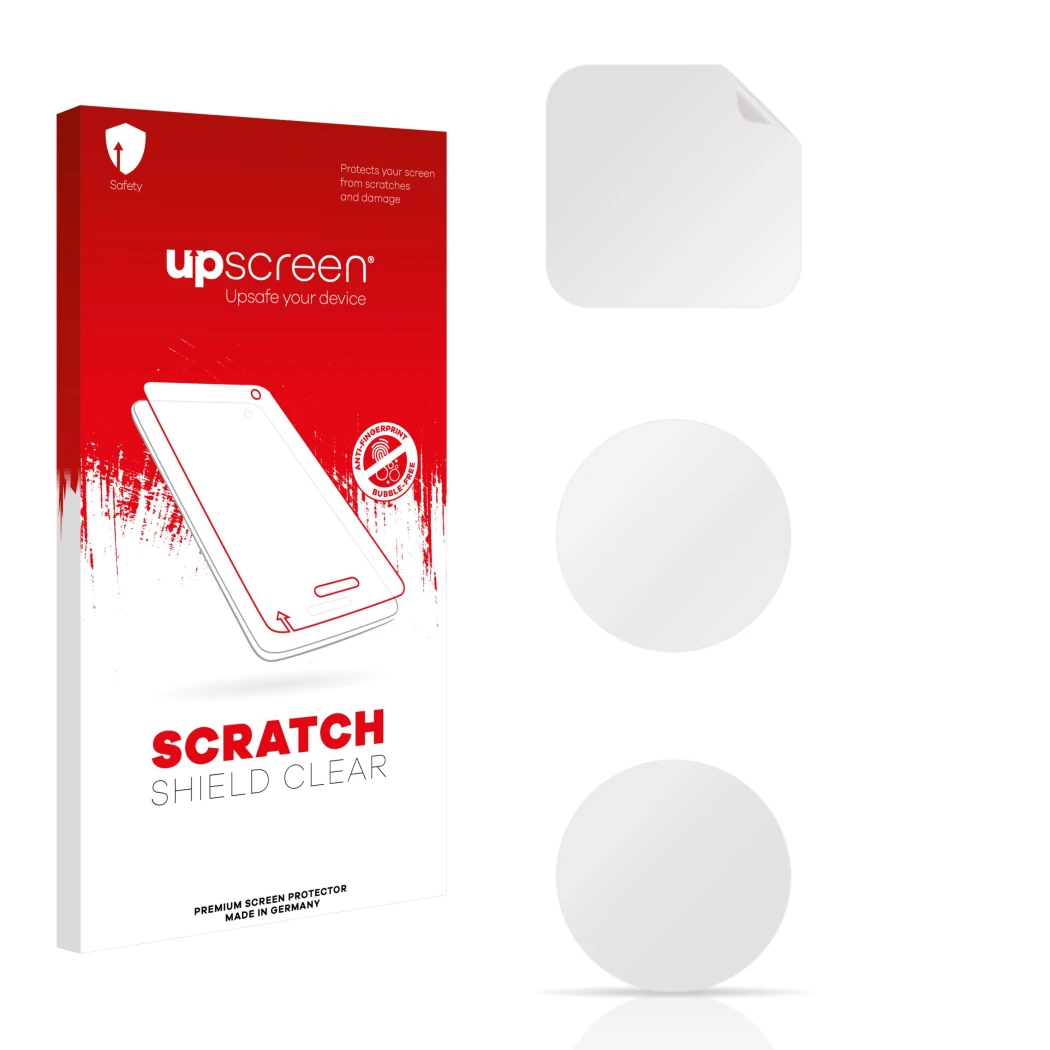 Parte frontale di una confezione del prodotto con il logo del marchio upscreen. Accanto si trova la protezione per lo schermo
