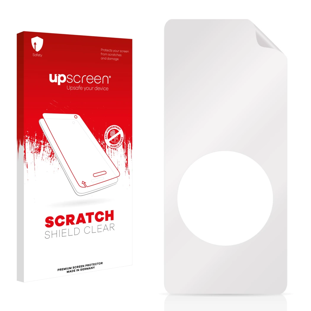 Parte frontale di una confezione del prodotto con il logo del marchio upscreen. Accanto si trova la protezione per lo schermo