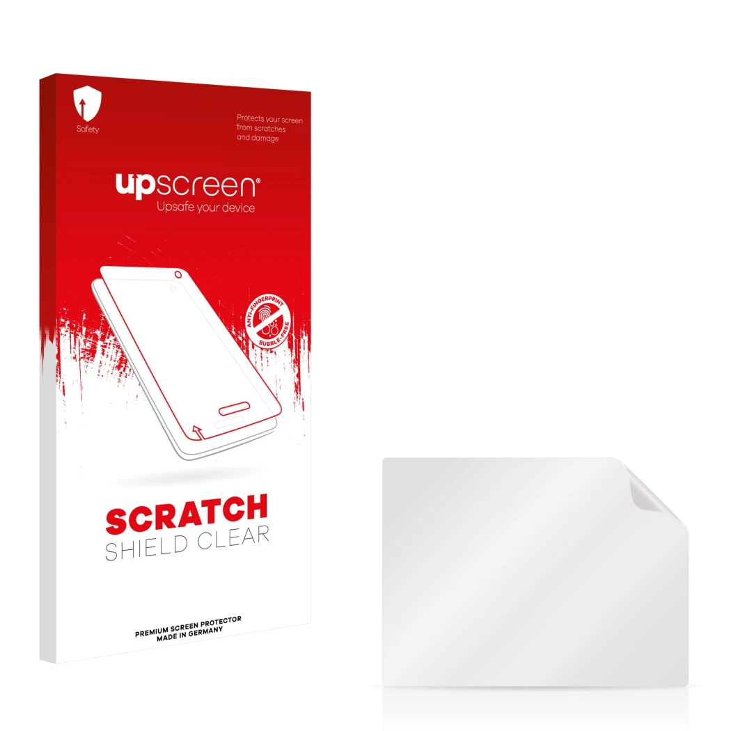 Parte frontale di una confezione del prodotto con il logo del marchio upscreen. Accanto si trova la protezione per lo schermo