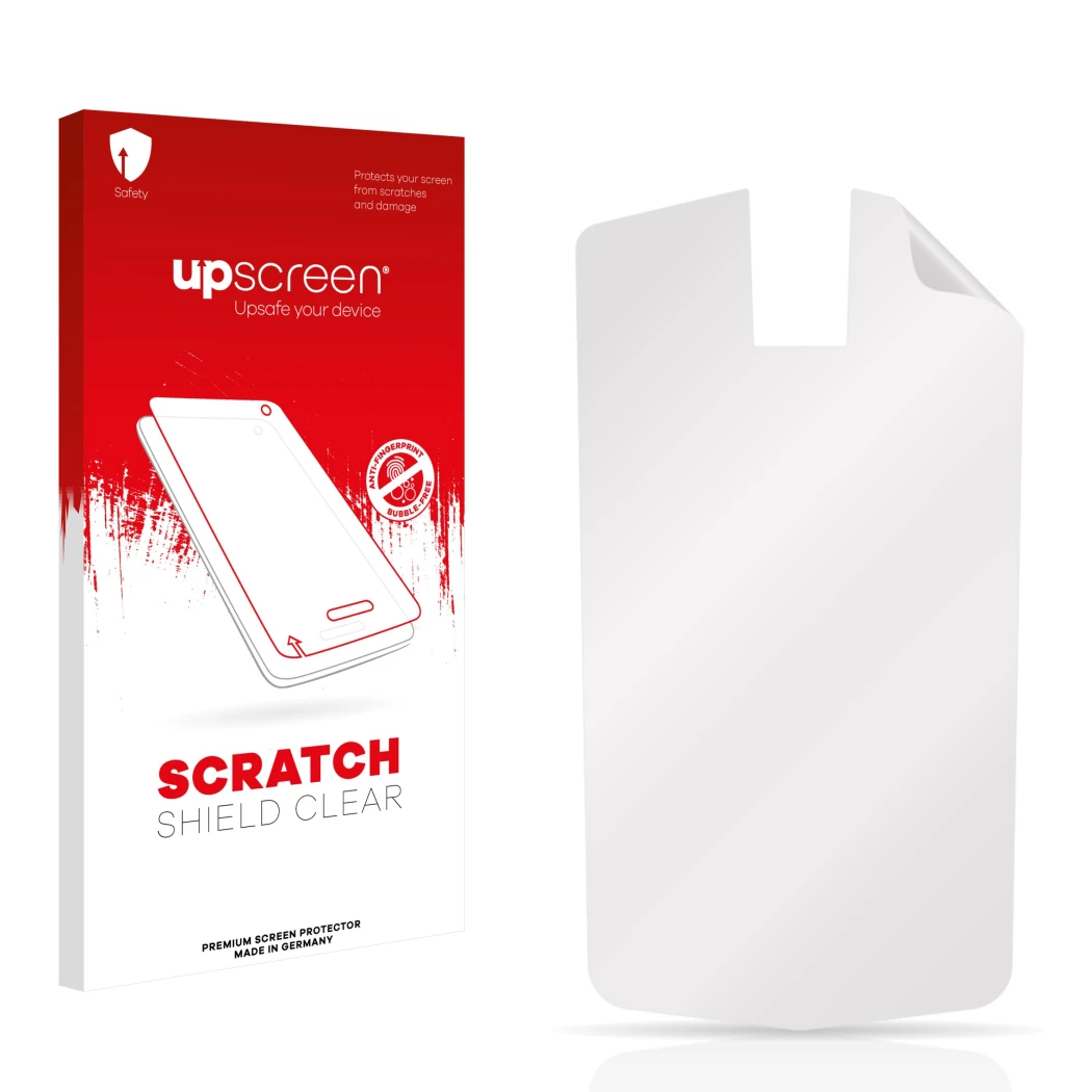 Parte frontale di una confezione del prodotto con il logo del marchio upscreen. Accanto si trova la protezione per lo schermo 