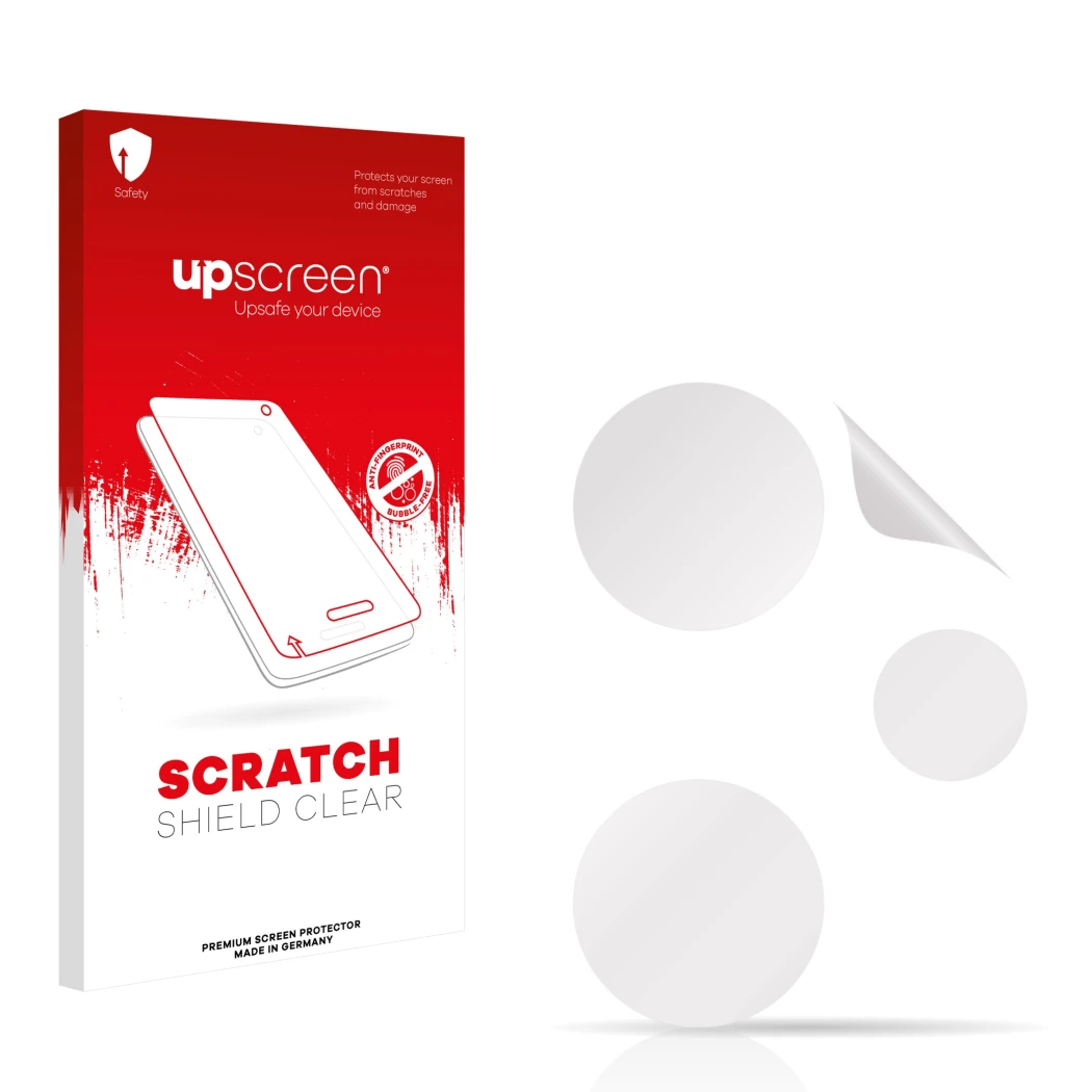 Parte frontale di una confezione del prodotto con il logo del marchio upscreen. Accanto si trova la protezione per lo schermo