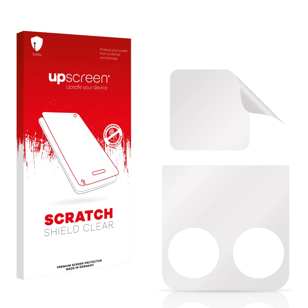 Parte frontale di una confezione del prodotto con il logo del marchio upscreen. Accanto si trova la protezione per lo schermo