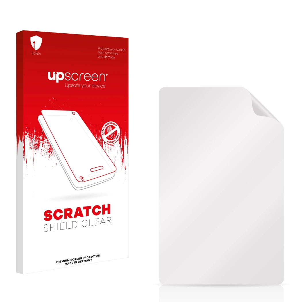 Parte frontale di una confezione del prodotto con il logo del marchio upscreen. Accanto si trova la protezione per lo schermo