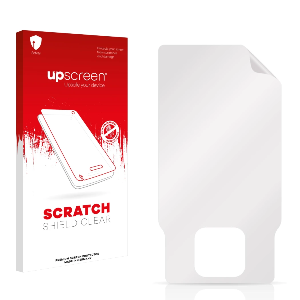 Parte frontale di una confezione del prodotto con il logo del marchio upscreen. Accanto si trova la protezione per lo schermo