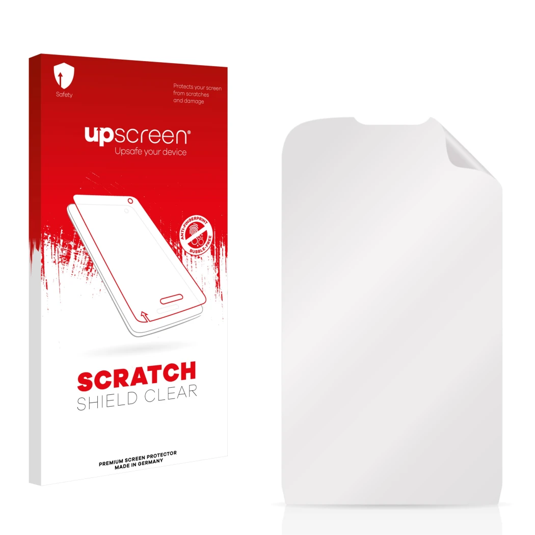 Parte frontale di una confezione del prodotto con il logo del marchio upscreen. Accanto si trova la protezione per lo schermo