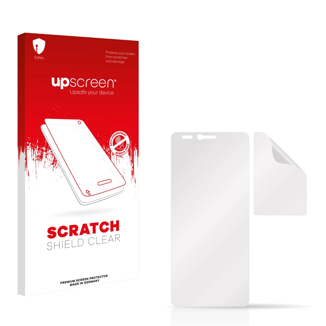 Parte frontale di una confezione del prodotto con il logo del marchio upscreen. Accanto si trova la protezione per lo schermo 