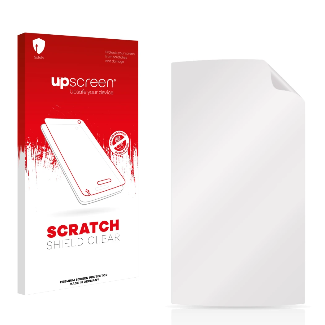 Parte frontale di una confezione del prodotto con il logo del marchio upscreen. Accanto si trova la protezione per lo schermo 