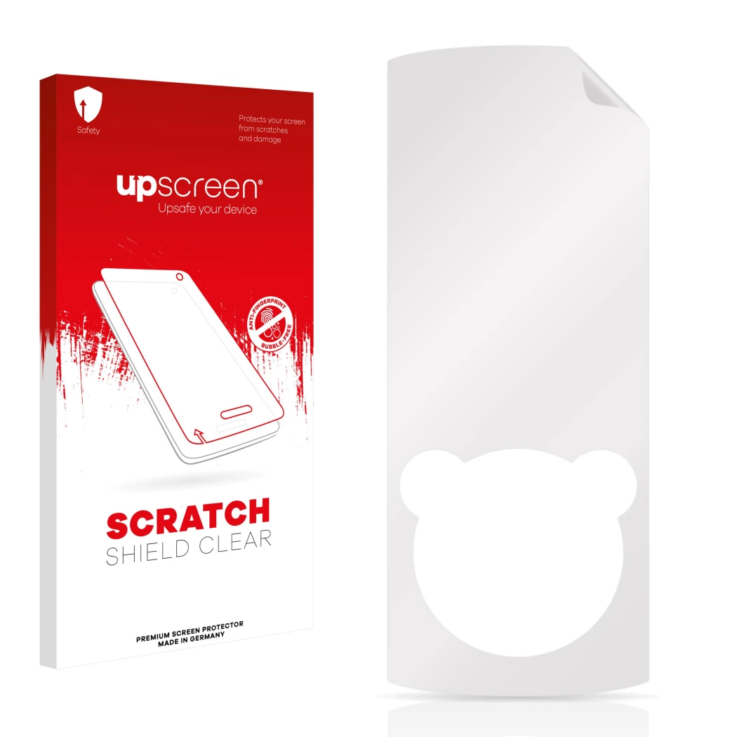 Parte frontale di una confezione del prodotto con il logo del marchio upscreen. Accanto si trova la protezione per lo schermo 