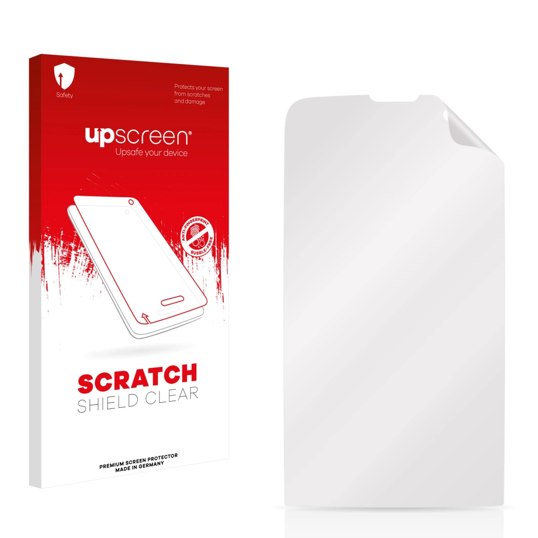 Parte frontale di una confezione del prodotto con il logo del marchio upscreen. Accanto si trova la protezione per lo schermo 