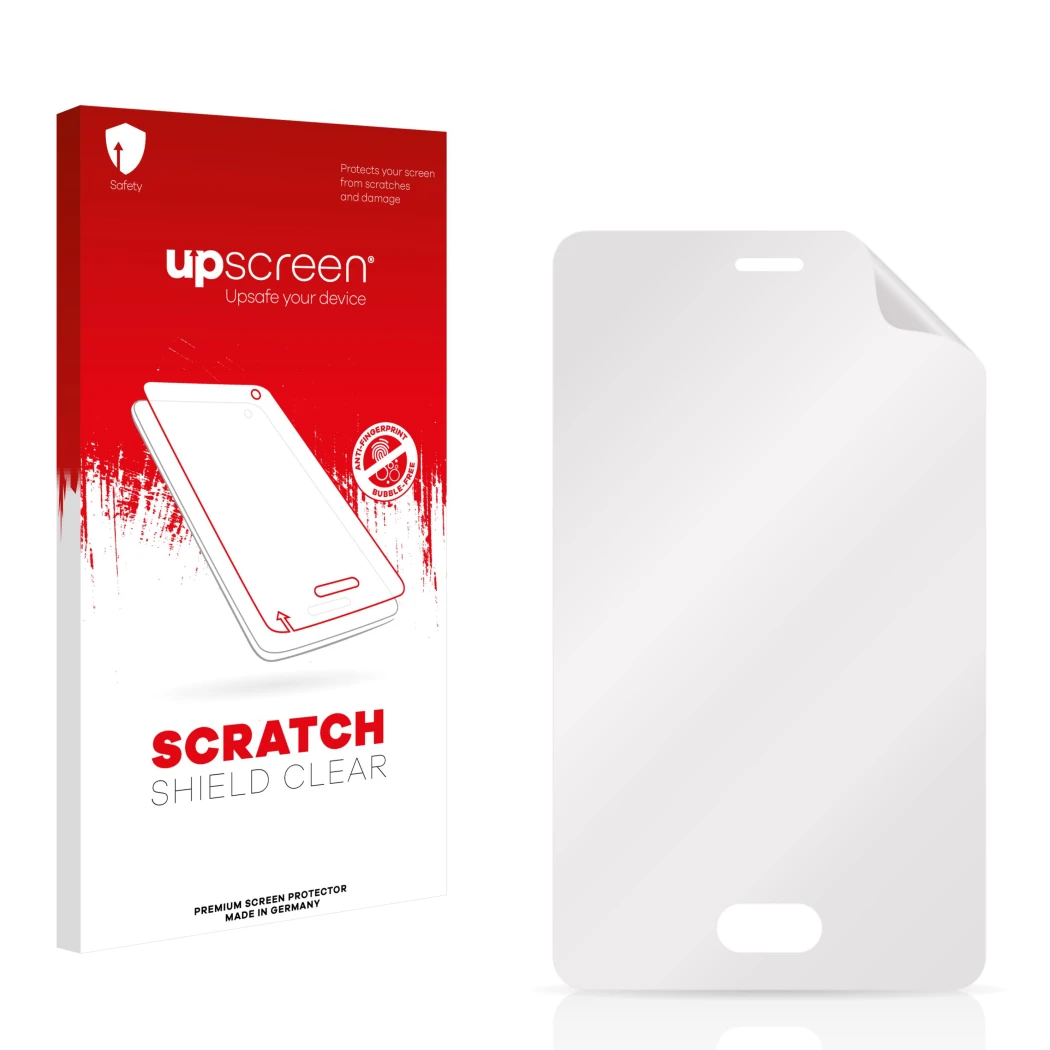 Parte frontale di una confezione del prodotto con il logo del marchio upscreen. Accanto si trova la protezione per lo schermo 