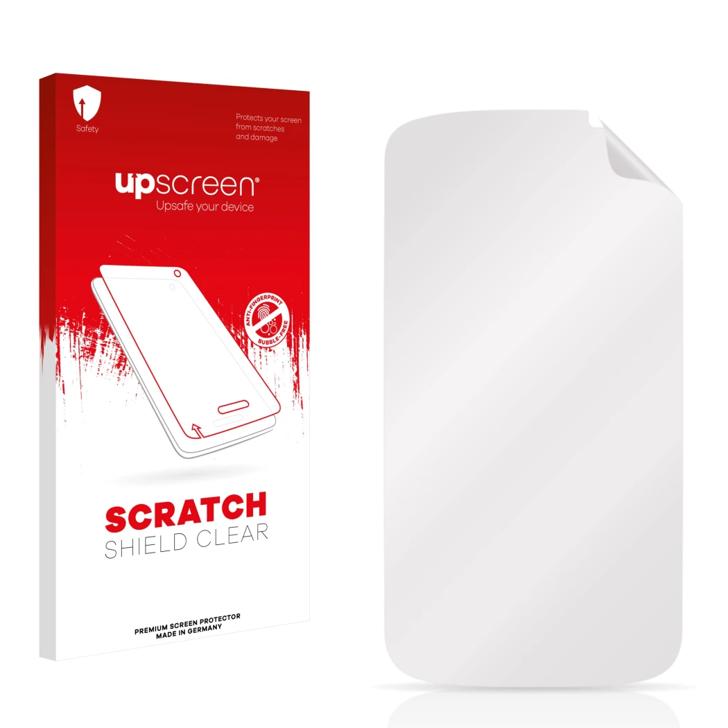 Parte frontale di una confezione del prodotto con il logo del marchio upscreen. Accanto si trova la protezione per lo schermo 