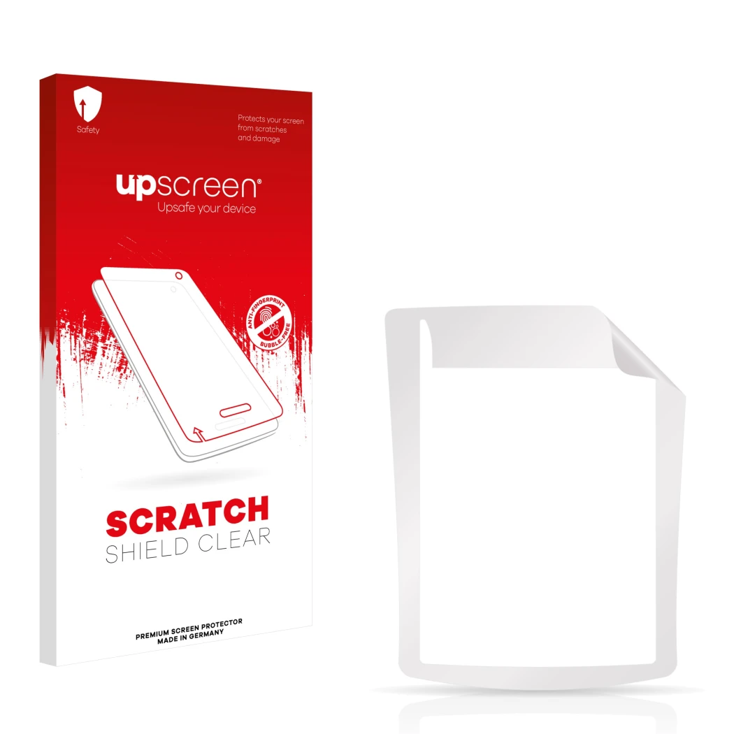 Parte frontale di una confezione del prodotto con il logo del marchio upscreen. Accanto si trova la protezione per lo schermo