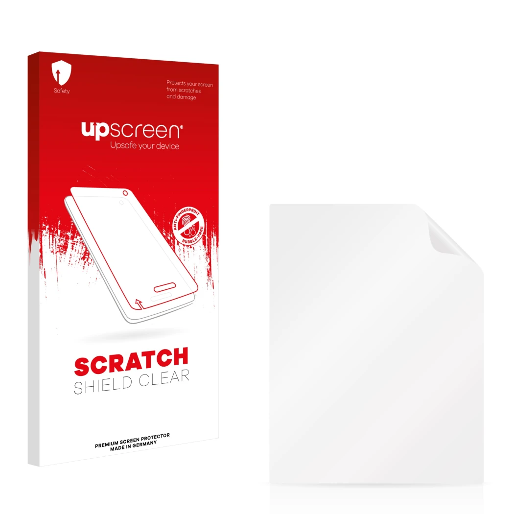 Parte frontale di una confezione del prodotto con il logo del marchio upscreen. Accanto si trova la protezione per lo schermo