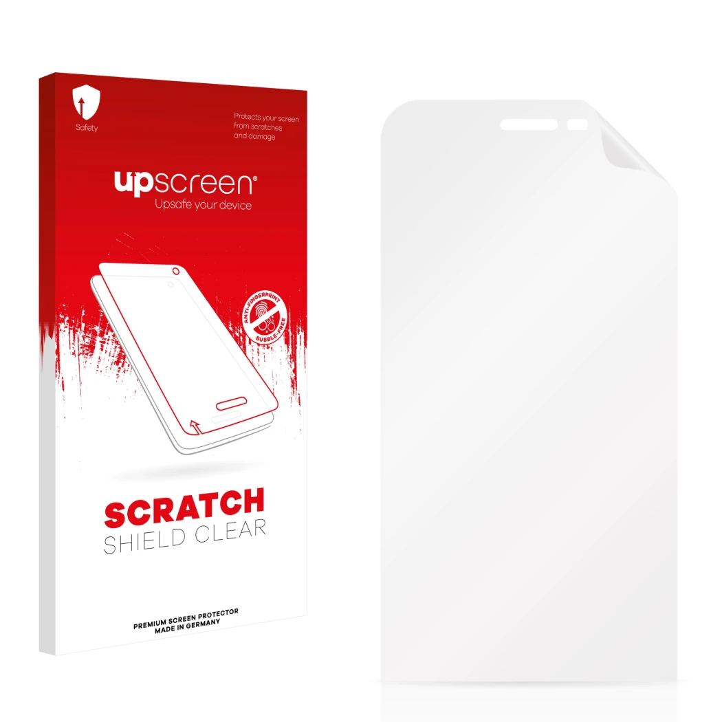 Parte frontale di una confezione del prodotto con il logo del marchio upscreen. Accanto si trova la protezione per lo schermo