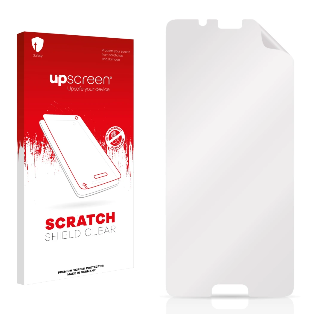Parte frontale di una confezione del prodotto con il logo del marchio upscreen. Accanto si trova la protezione per lo schermo