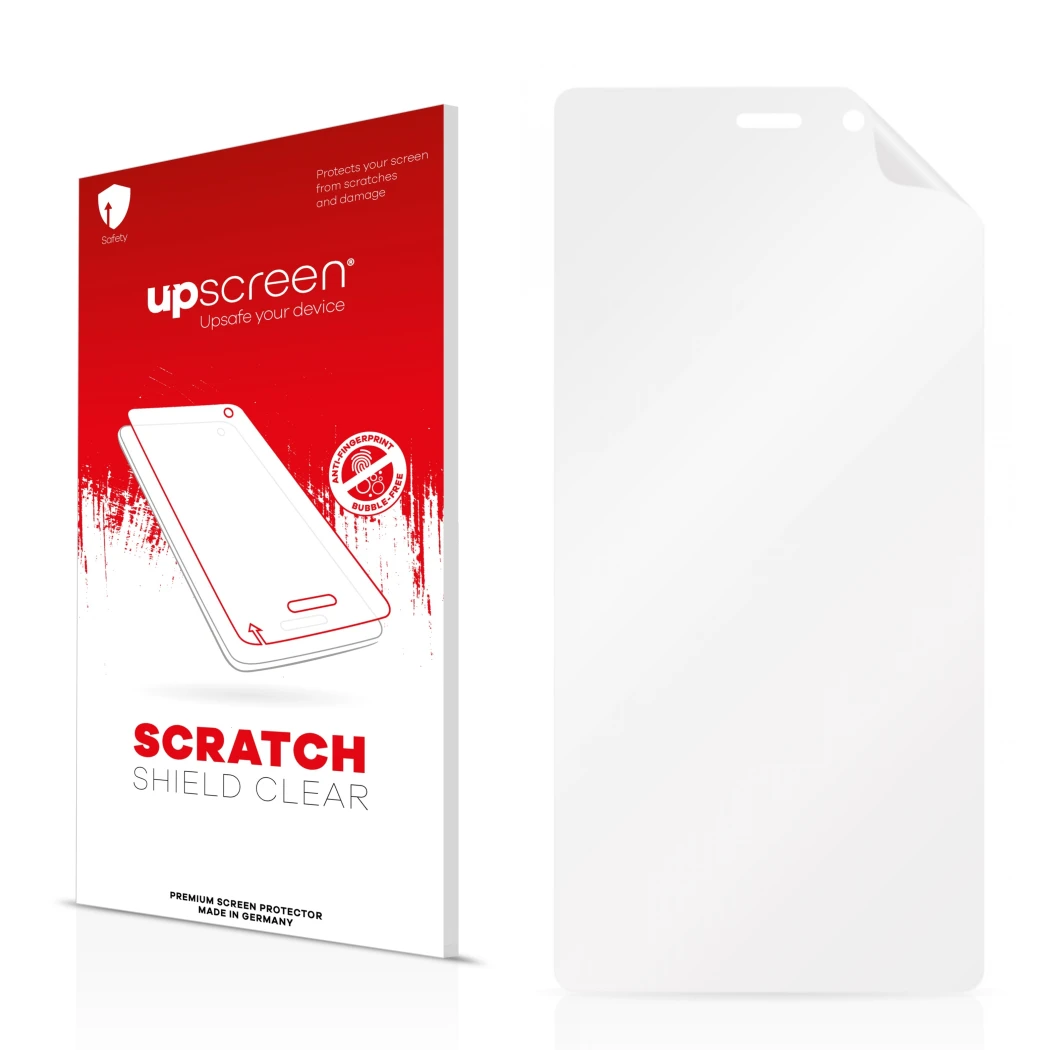 Parte frontale di una confezione del prodotto con il logo del marchio upscreen. Accanto si trova la protezione per lo schermo