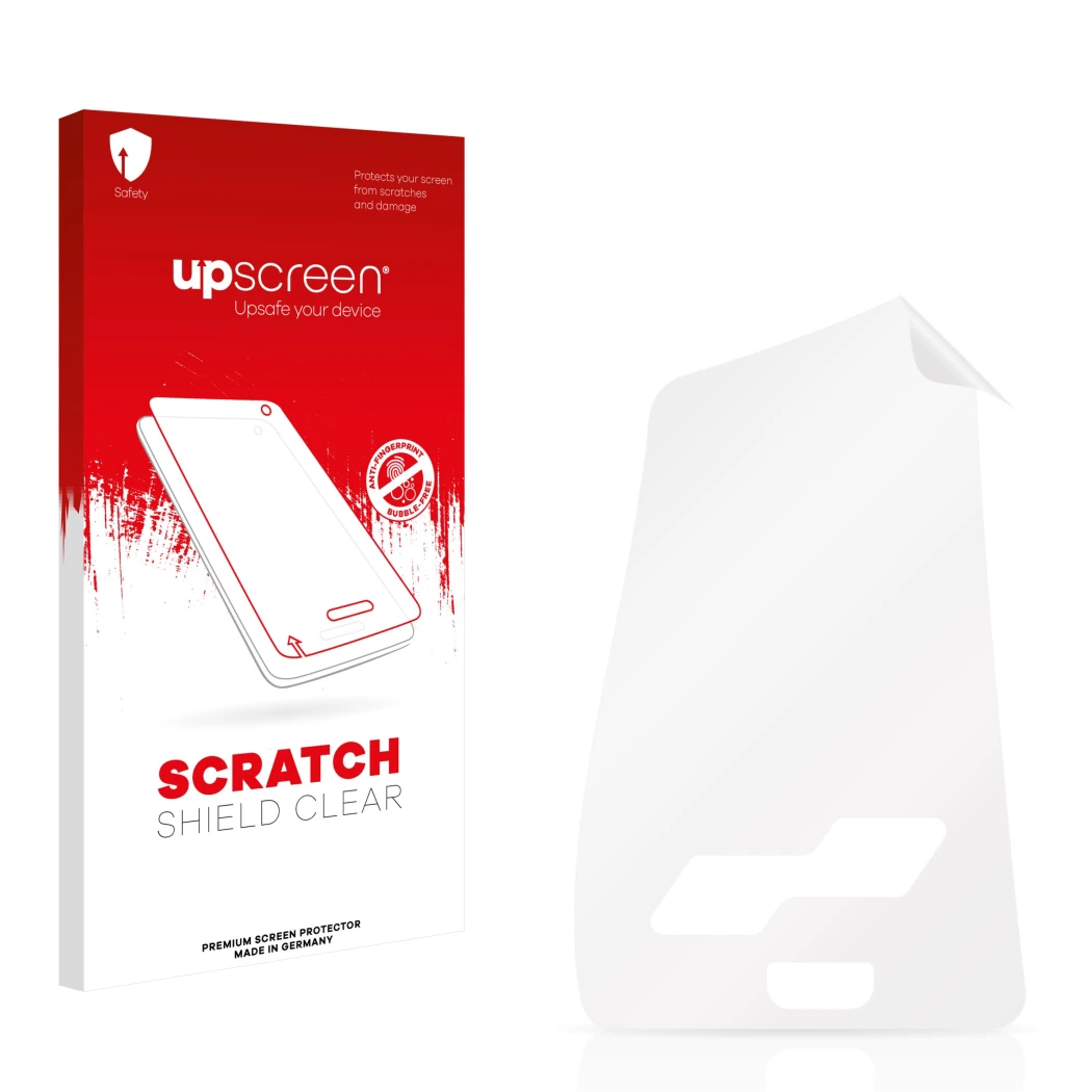Parte frontale di una confezione del prodotto con il logo del marchio upscreen. Accanto si trova la protezione per lo schermo