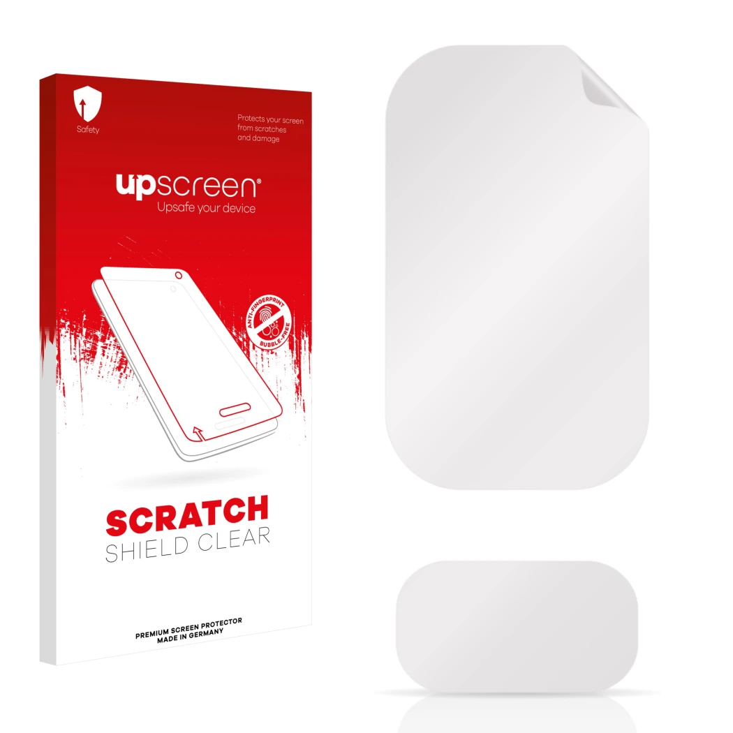 Parte frontale di una confezione del prodotto con il logo del marchio upscreen. Accanto si trova la protezione per lo schermo