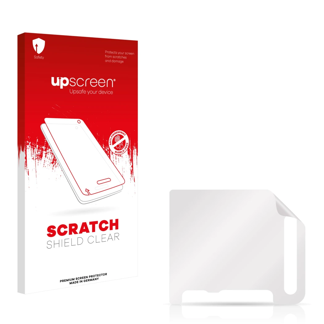 Parte frontale di una confezione del prodotto con il logo del marchio upscreen. Accanto si trova la protezione per lo schermo
