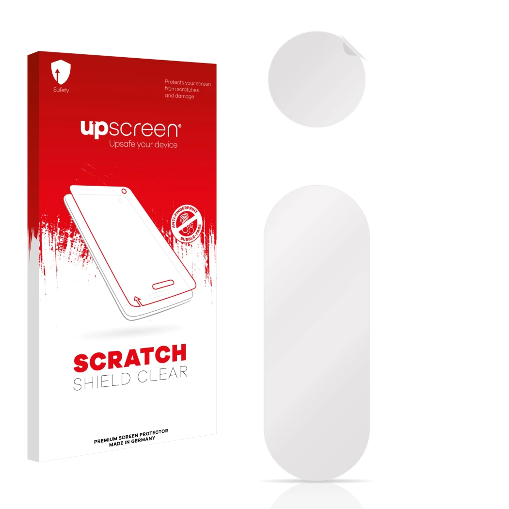 Parte frontale di una confezione del prodotto con il logo del marchio upscreen. Accanto si trova la protezione per lo schermo 