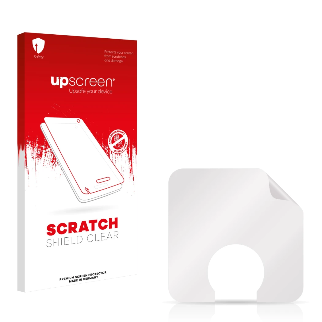 Parte frontale di una confezione del prodotto con il logo del marchio upscreen. Accanto si trova la protezione per lo schermo