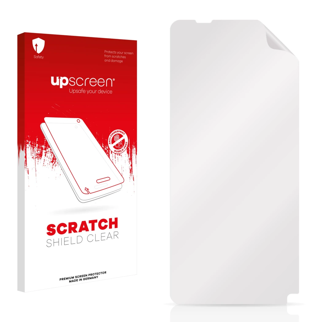 Parte frontale di una confezione del prodotto con il logo del marchio upscreen. Accanto si trova la protezione per lo schermo