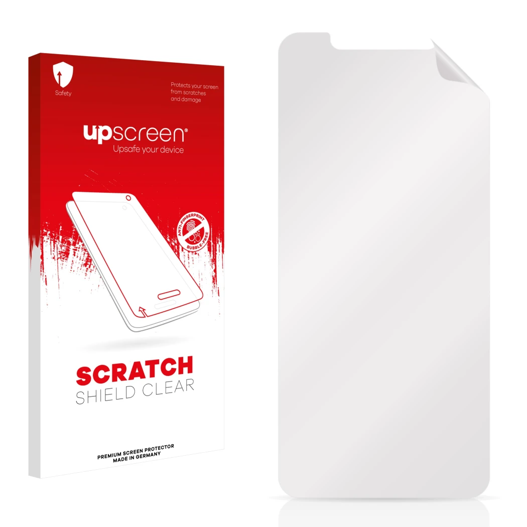 Parte frontale di una confezione del prodotto con il logo del marchio upscreen. Accanto si trova la protezione per lo schermo