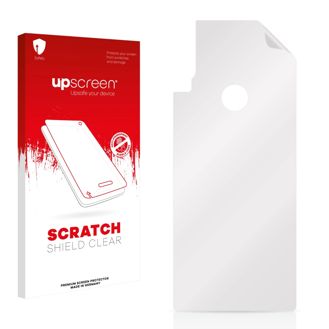 Parte frontale di una confezione del prodotto con il logo del marchio upscreen. Accanto si trova la protezione per lo schermo