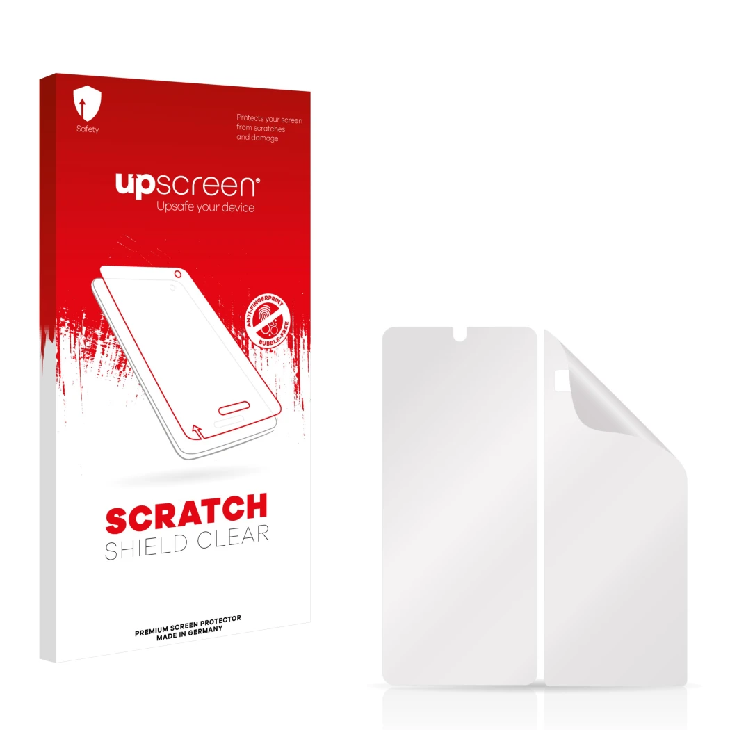 Parte frontale di una confezione del prodotto con il logo del marchio upscreen. Accanto si trova la protezione per lo schermo