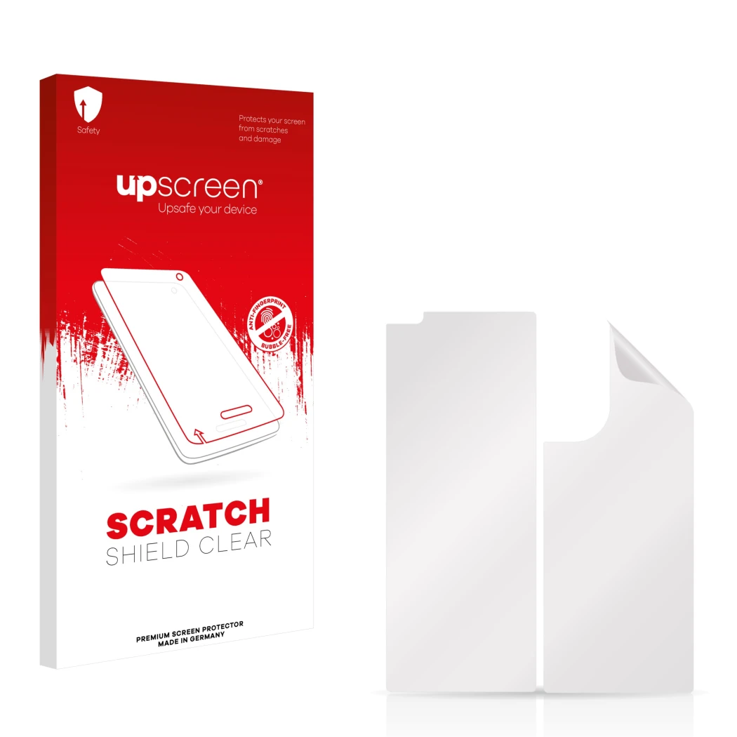 Parte frontale di una confezione del prodotto con il logo del marchio upscreen. Accanto si trova la protezione per lo schermo