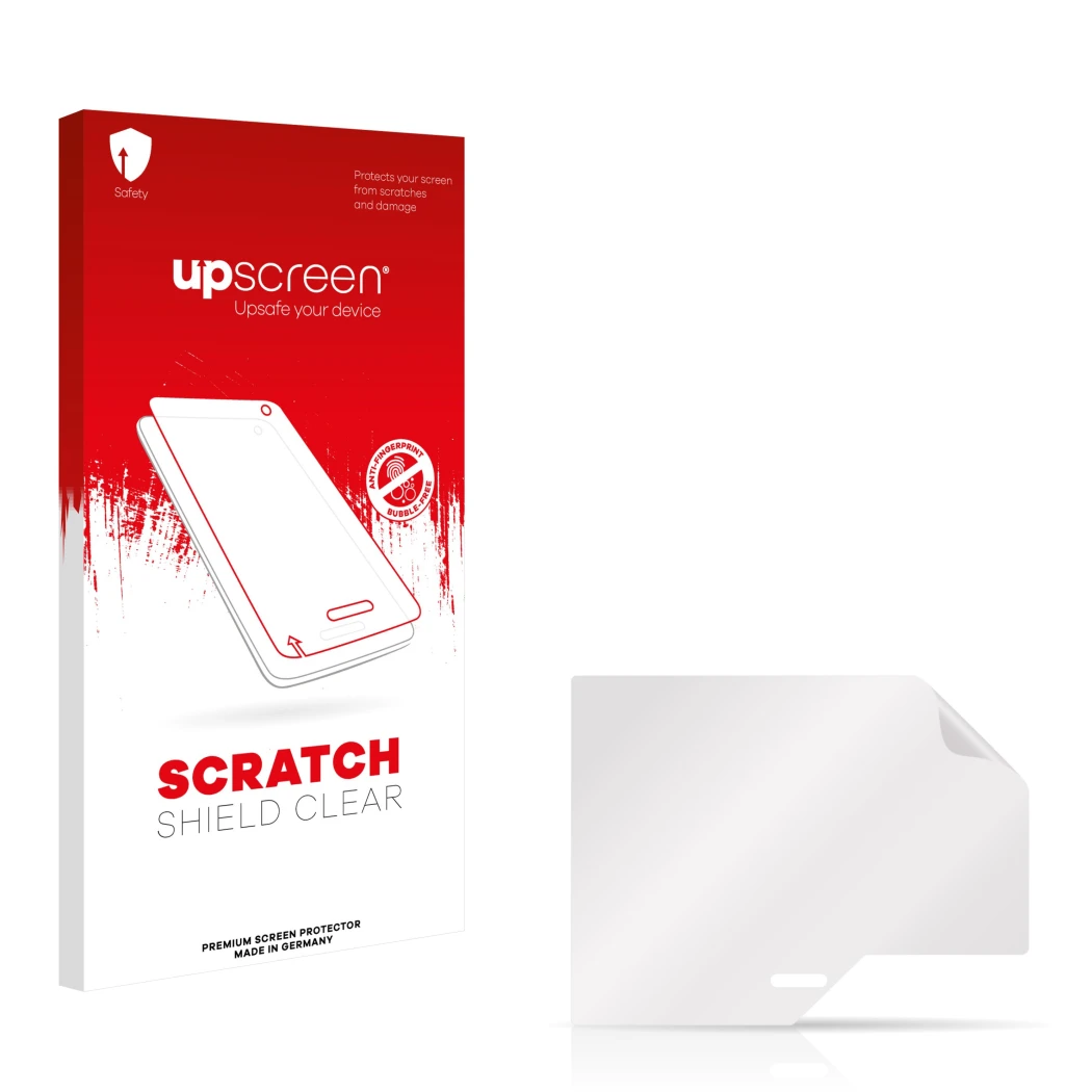 Parte frontale di una confezione del prodotto con il logo del marchio upscreen. Accanto si trova la protezione per lo schermo