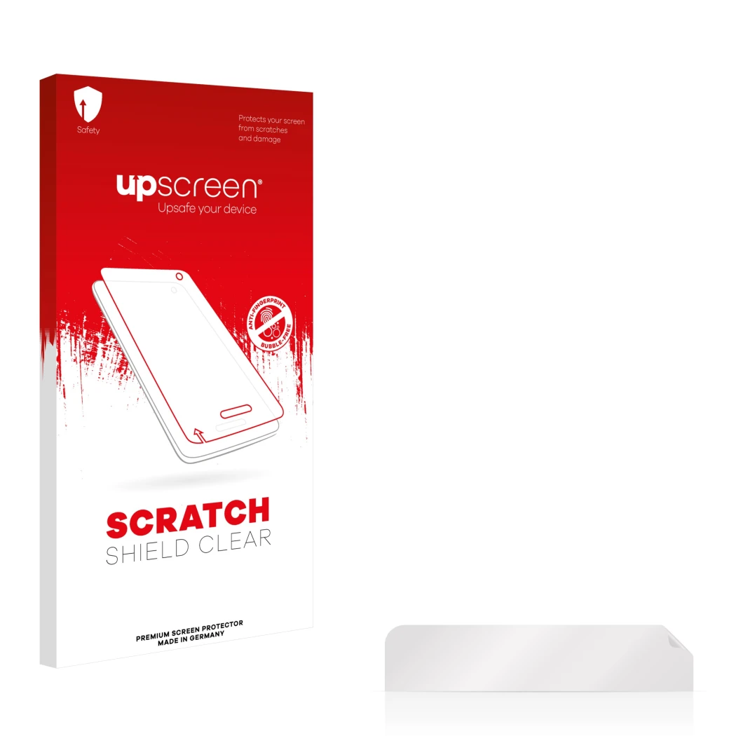 Parte frontale di una confezione del prodotto con il logo del marchio upscreen. Accanto si trova la protezione per lo schermo