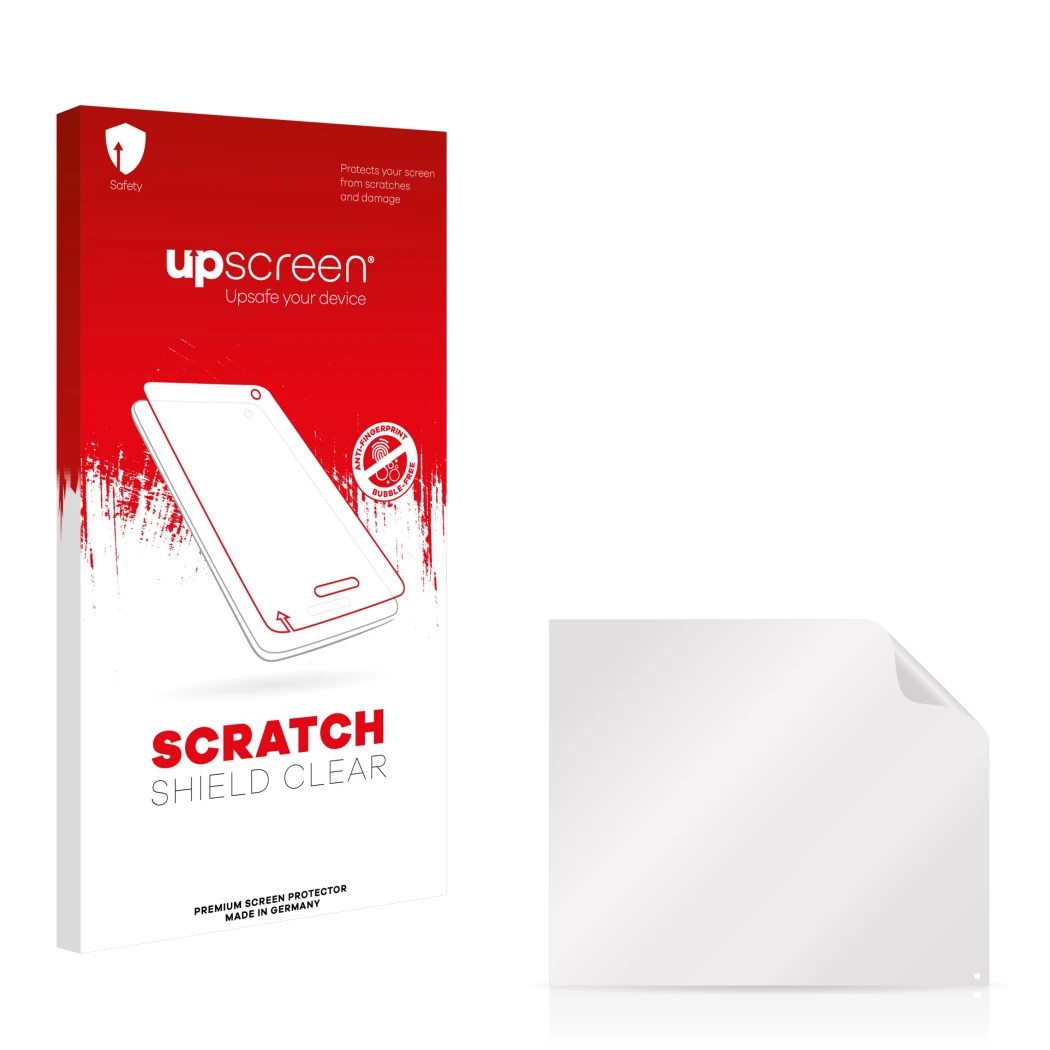 Parte frontale di una confezione del prodotto con il logo del marchio upscreen. Accanto si trova la protezione per lo schermo 
