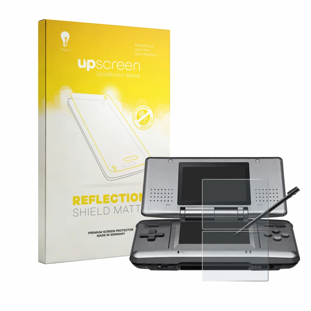 Parte frontale di una confezione del prodotto con il logo del marchio upscreen. Accanto è raffigurato il dispositivo Nintendo