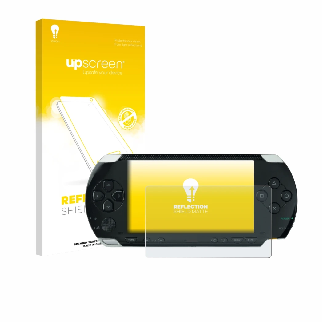 Parte frontale di una confezione del prodotto con il logo del marchio upscreen. Accanto è raffigurato il dispositivo Sony PSP