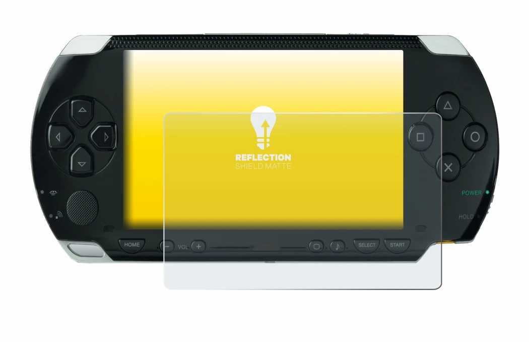 Immagine del dispositivo Sony PSP 1000 con un'ampia varietà di protezioni per lo schermo.