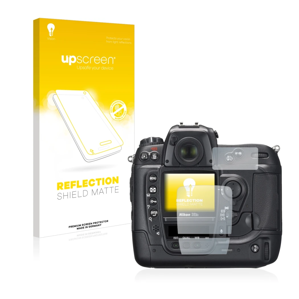 Parte frontale di una confezione del prodotto con il logo del marchio upscreen. Accanto è raffigurato il dispositivo Nikon D2X